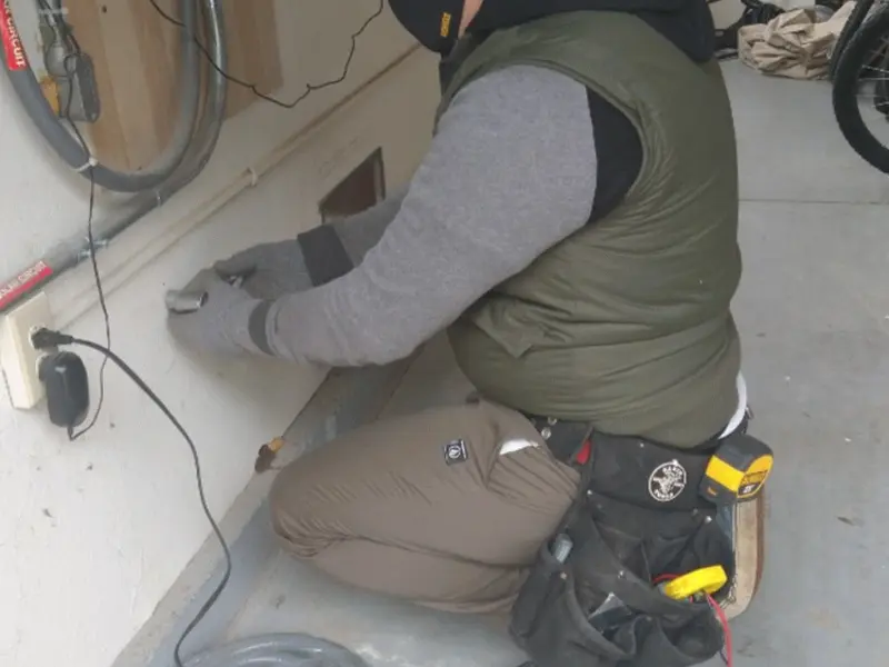 Electrician performing outlet wiring in a Bonsall garage
